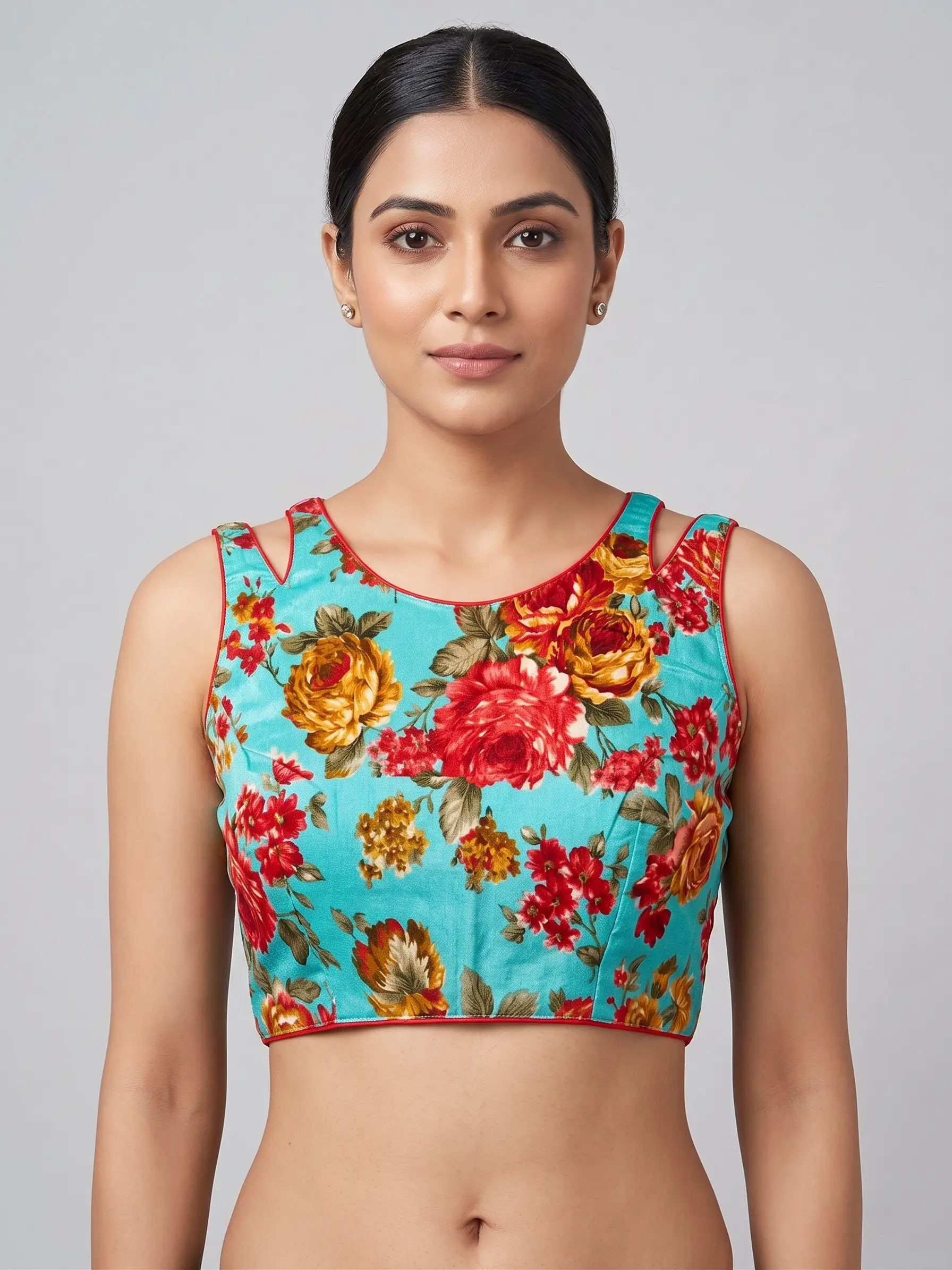 Sky Blue Floral Printed Sleeveless Blouse for Casual & Festive Sarees