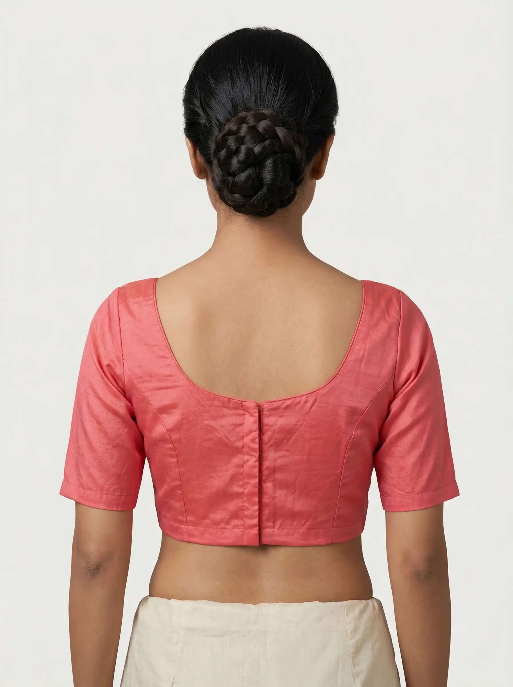 Elegant Coral Pink Silk Blouse with Classic Square Neck - Image 2
