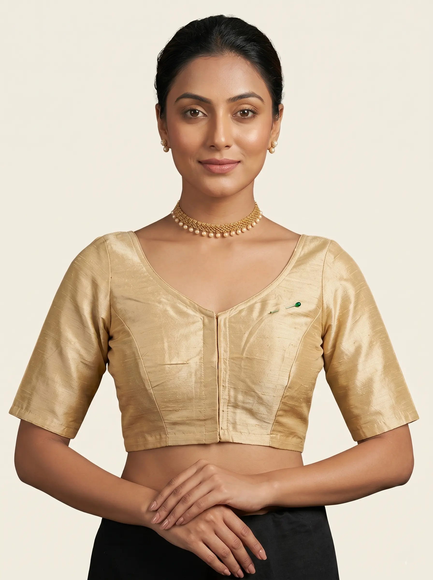 Elegant Champagne Gold Silk Blouse with Minimal Design