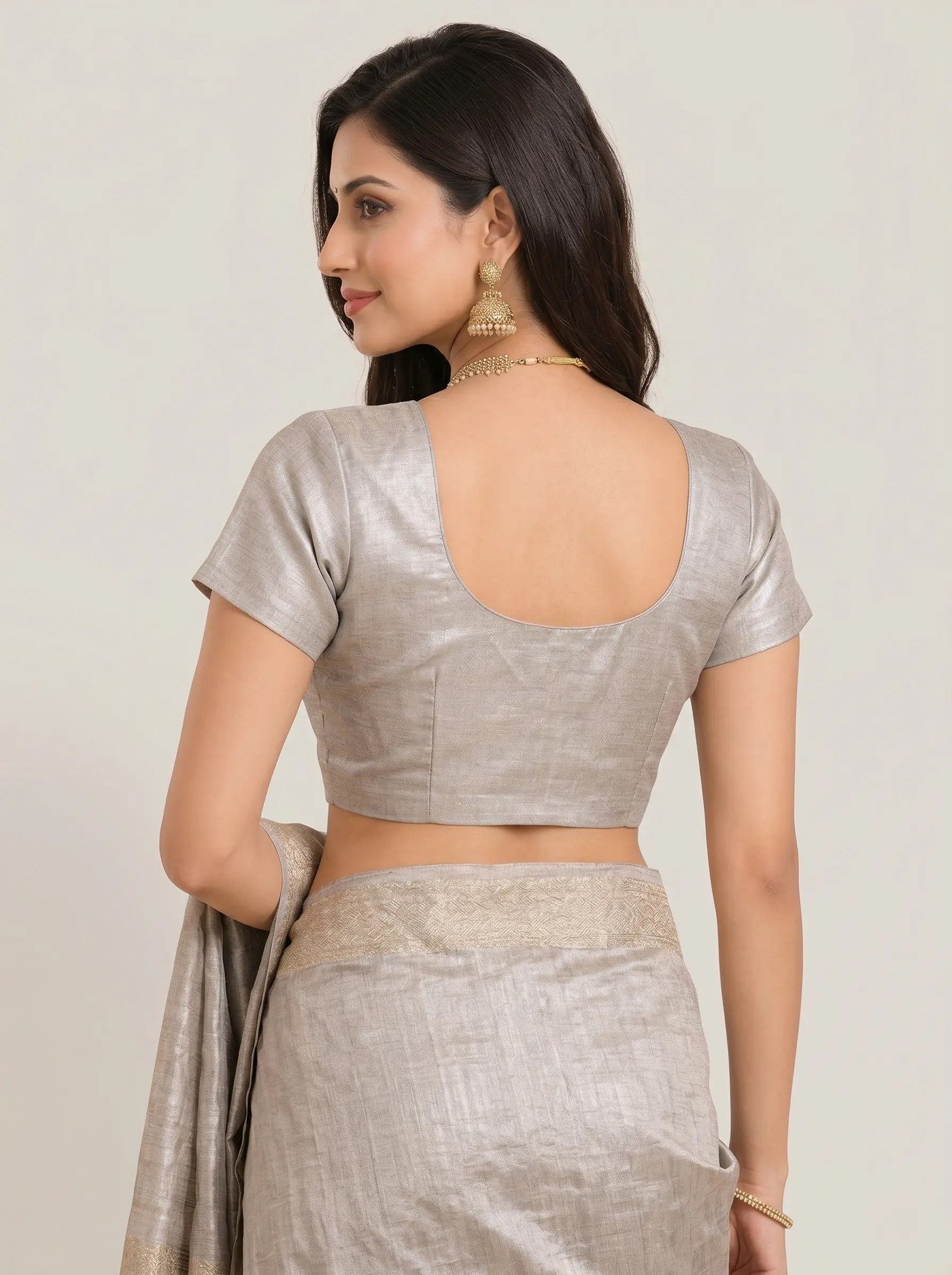 Elegant Silver Silk Blouse with Front Zip Design - Image 2