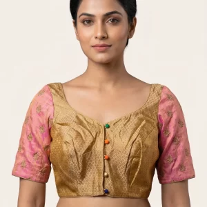 Elegant Gold Brocade Blouse with Pink Woven Sleeves