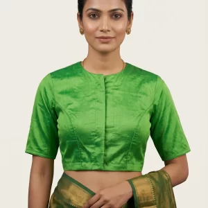 Elegant Green Silk Blouse with Minimal Mandarin Neck
