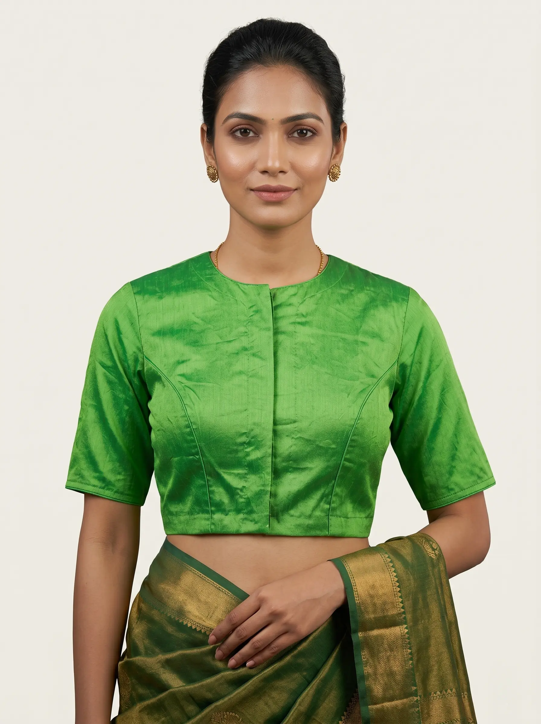 Elegant Green Silk Blouse with Minimal Mandarin Neck