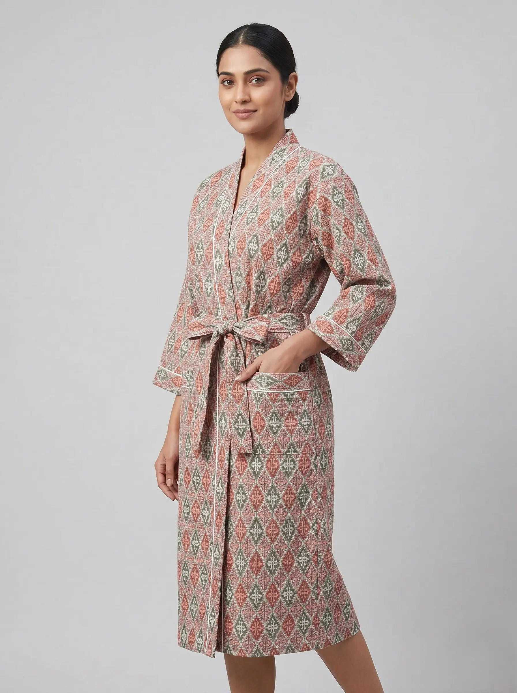 Luxe Flow Cotton Block Print Bathrobe - Image 2