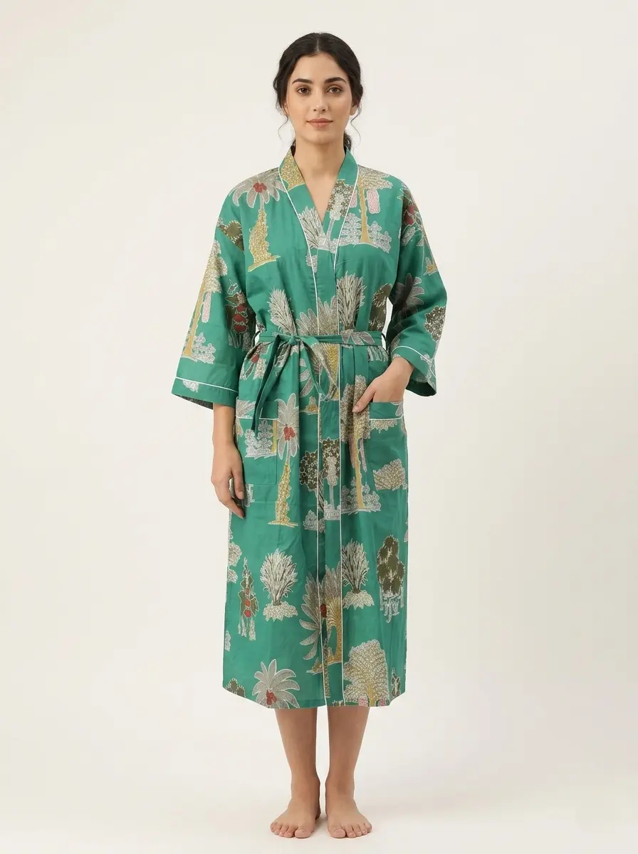 Essential Cotton Block Print Bathrobe