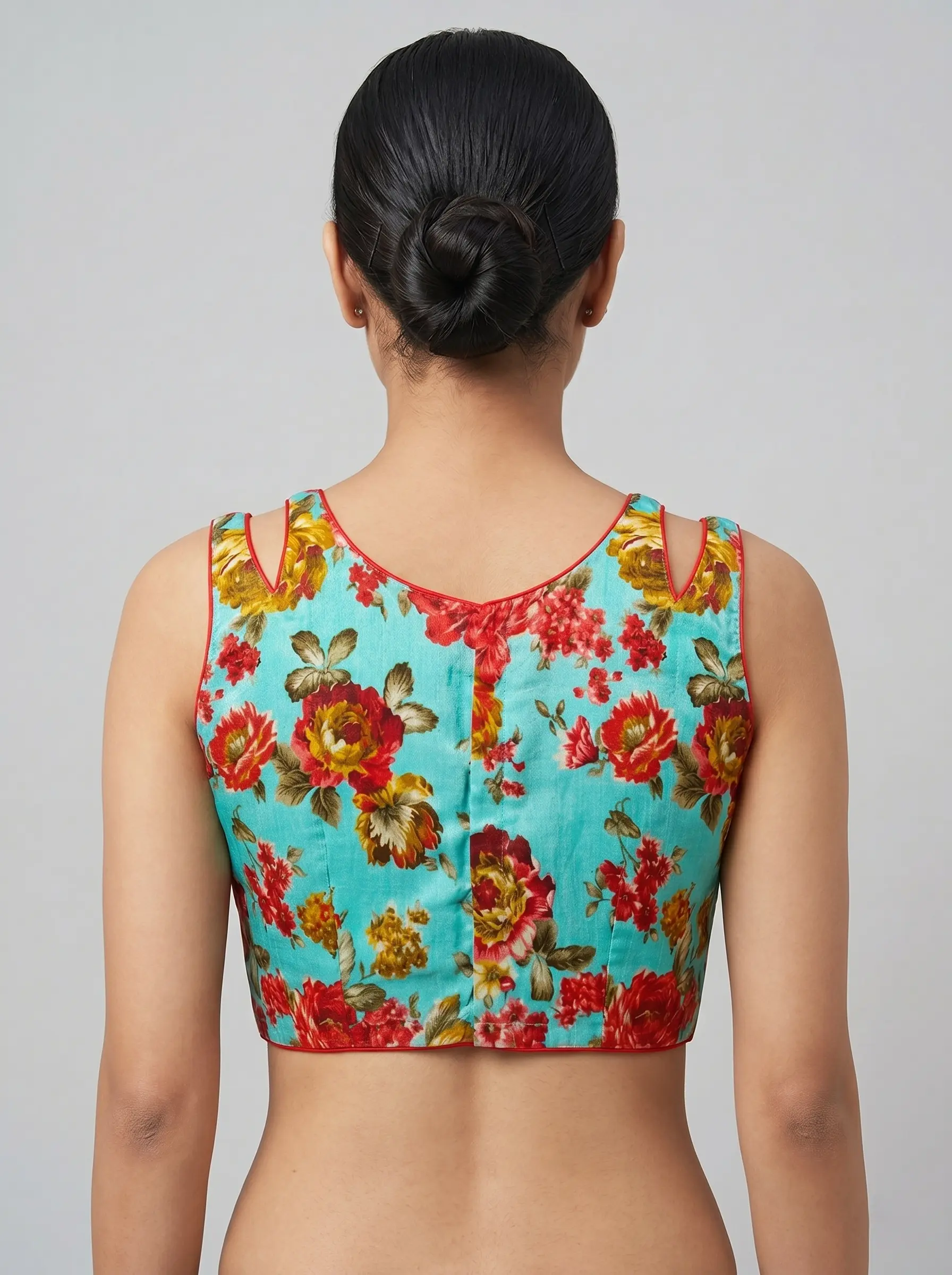 Sky Blue Floral Printed Sleeveless Blouse for Casual & Festive Sarees - Image 2