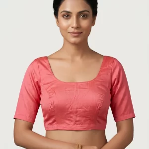 Elegant Coral Pink Silk Blouse with Classic Square Neck