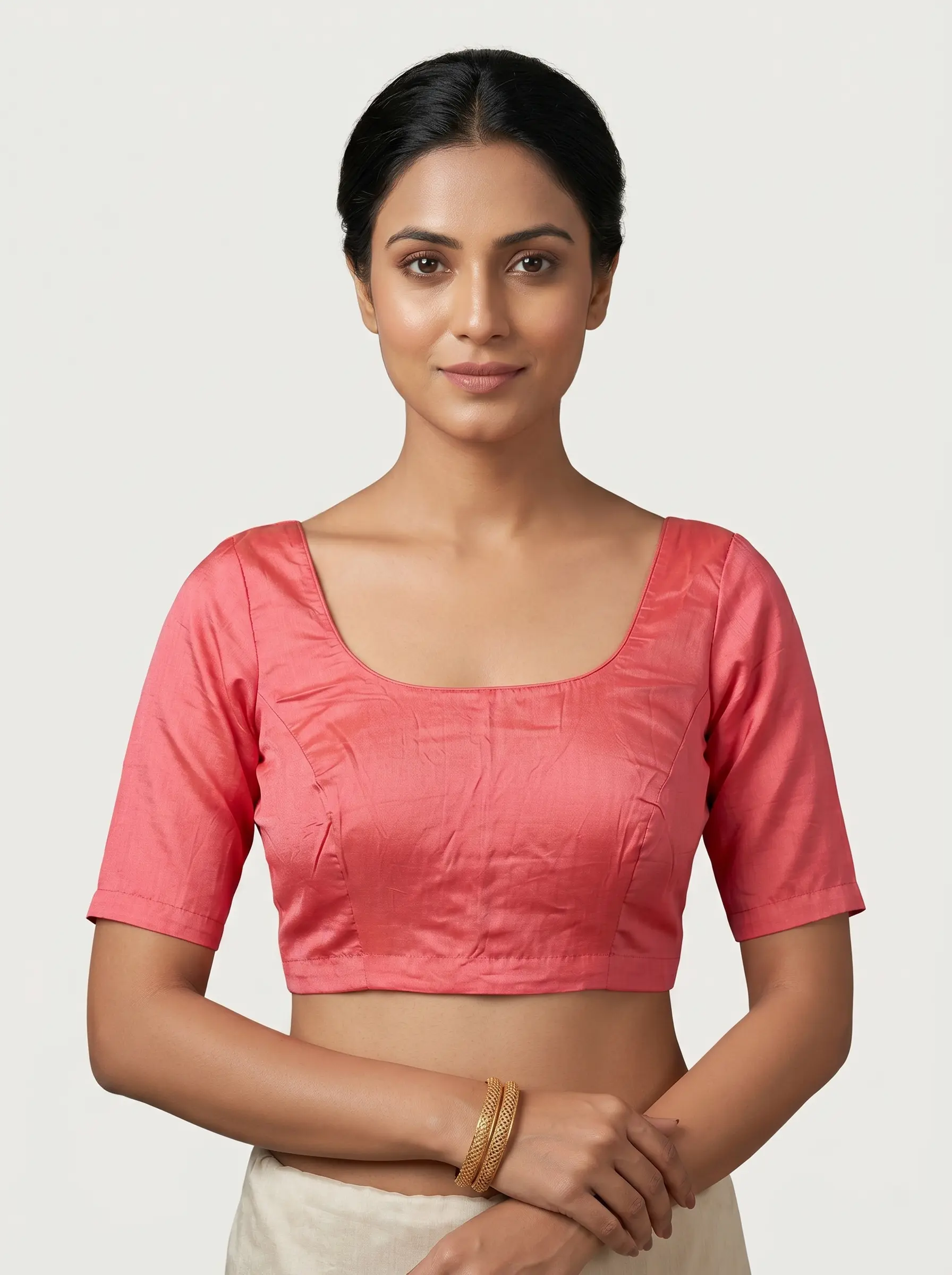 Elegant Coral Pink Silk Blouse with Classic Square Neck