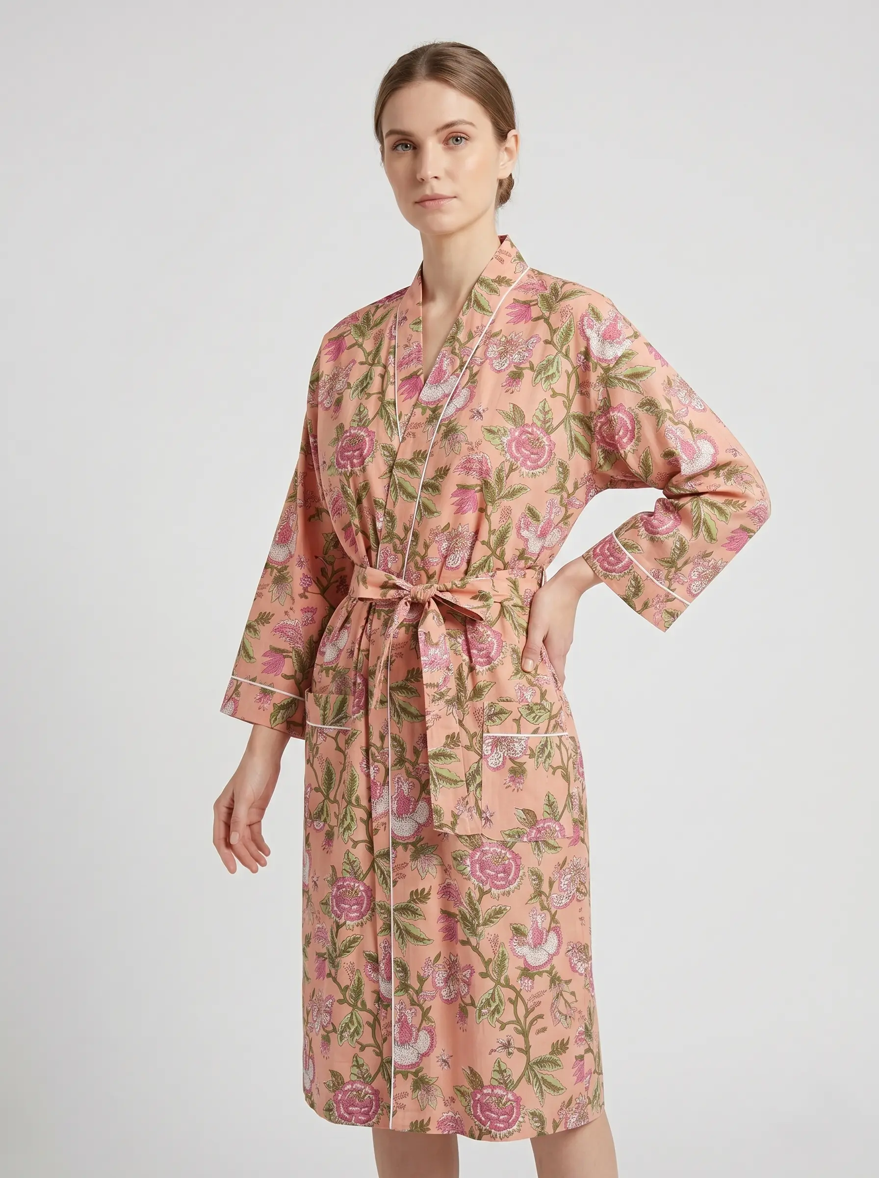 Calm Breeze Cotton Block Print Bathrobe - Image 2