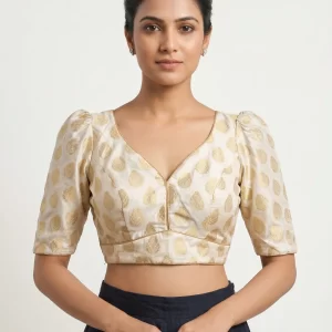 Elegant Ivory Brocade Blouse with Gold Motif Design