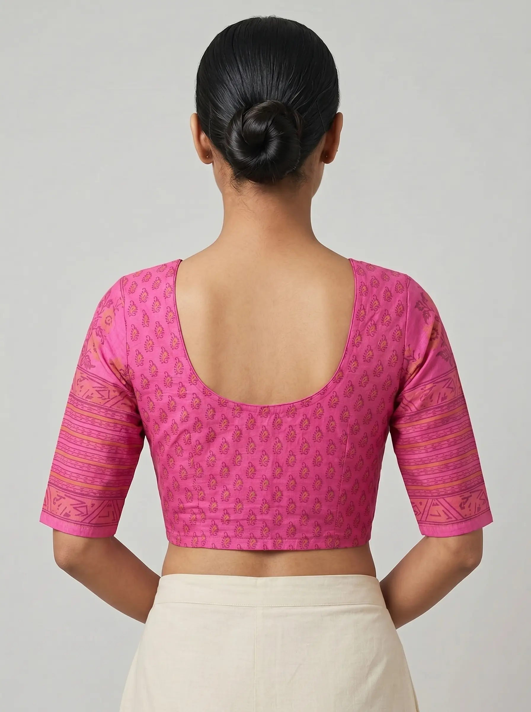 Elegant Pink Printed Cotton Blouse with V-Neck Design - Image 2