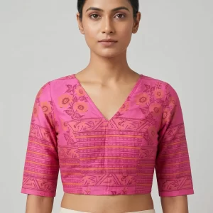 Elegant Pink Printed Cotton Blouse with V-Neck Design