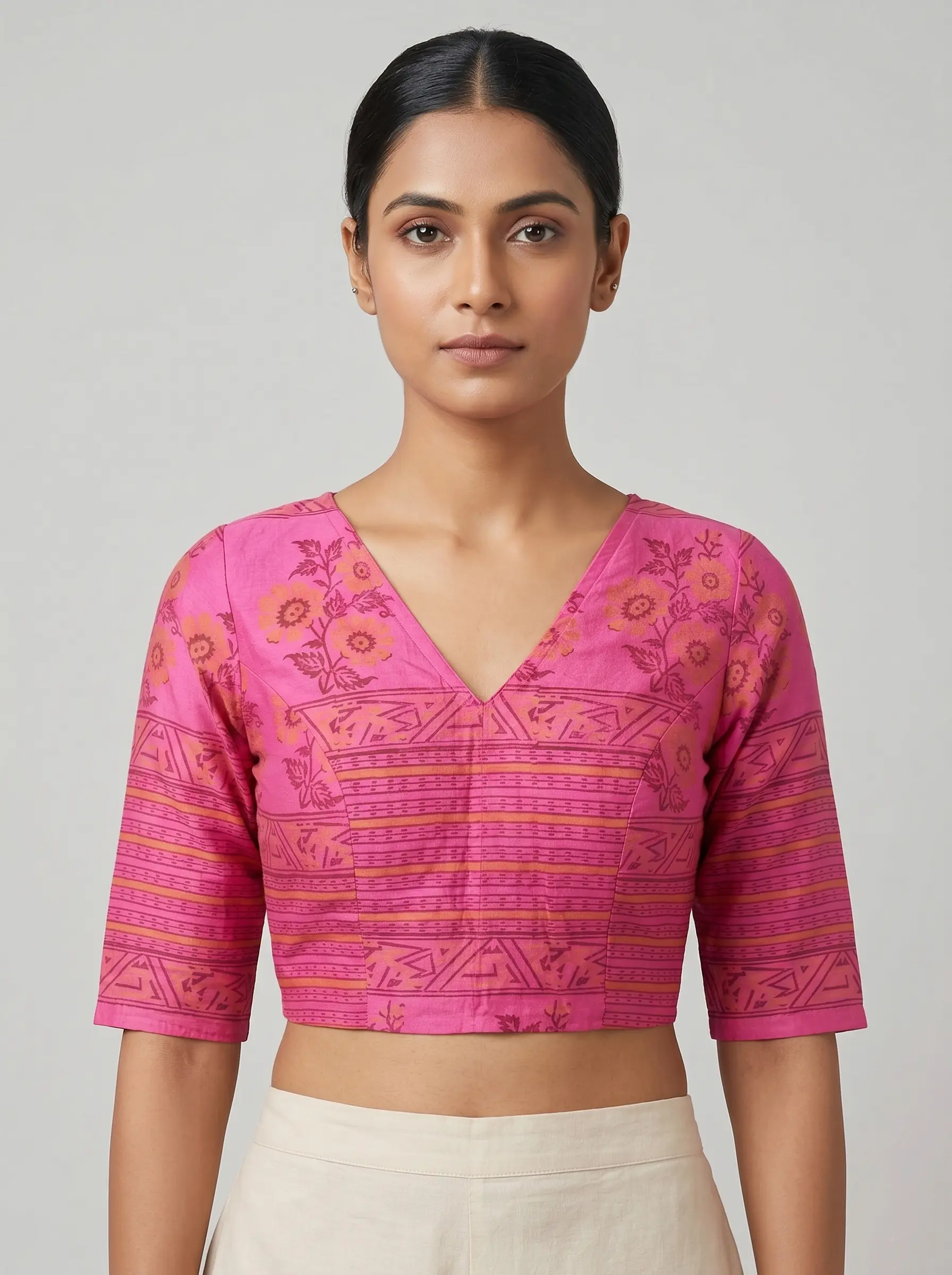 Elegant Pink Printed Cotton Blouse with V-Neck Design