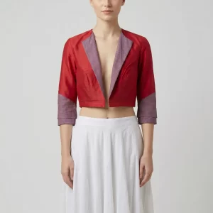 Contemporary Red Silk Crop Jacket Blouse with Contrast Lapel