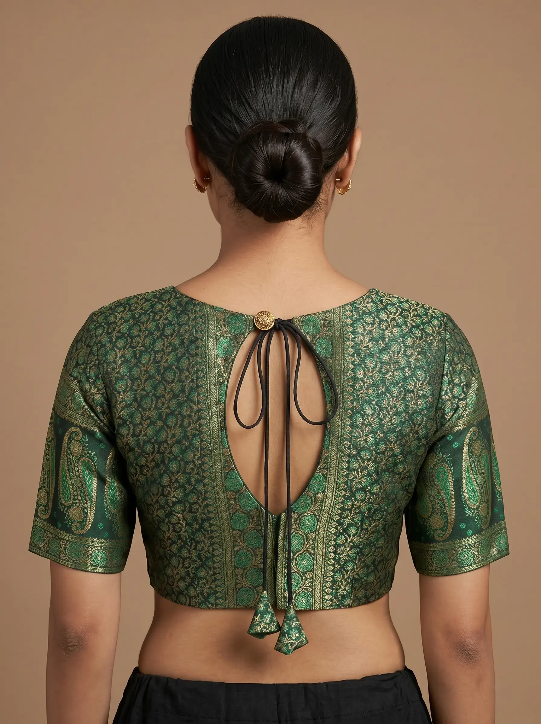 Green Brocade Designer Blouse with Velvet Panel & Tie-Back Detail - Image 2