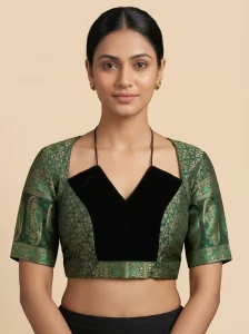 Green Brocade Designer Blouse with Velvet Panel & Tie-Back Detail