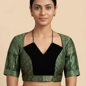 Green Brocade Designer Blouse with Velvet Panel & Tie-Back Detail