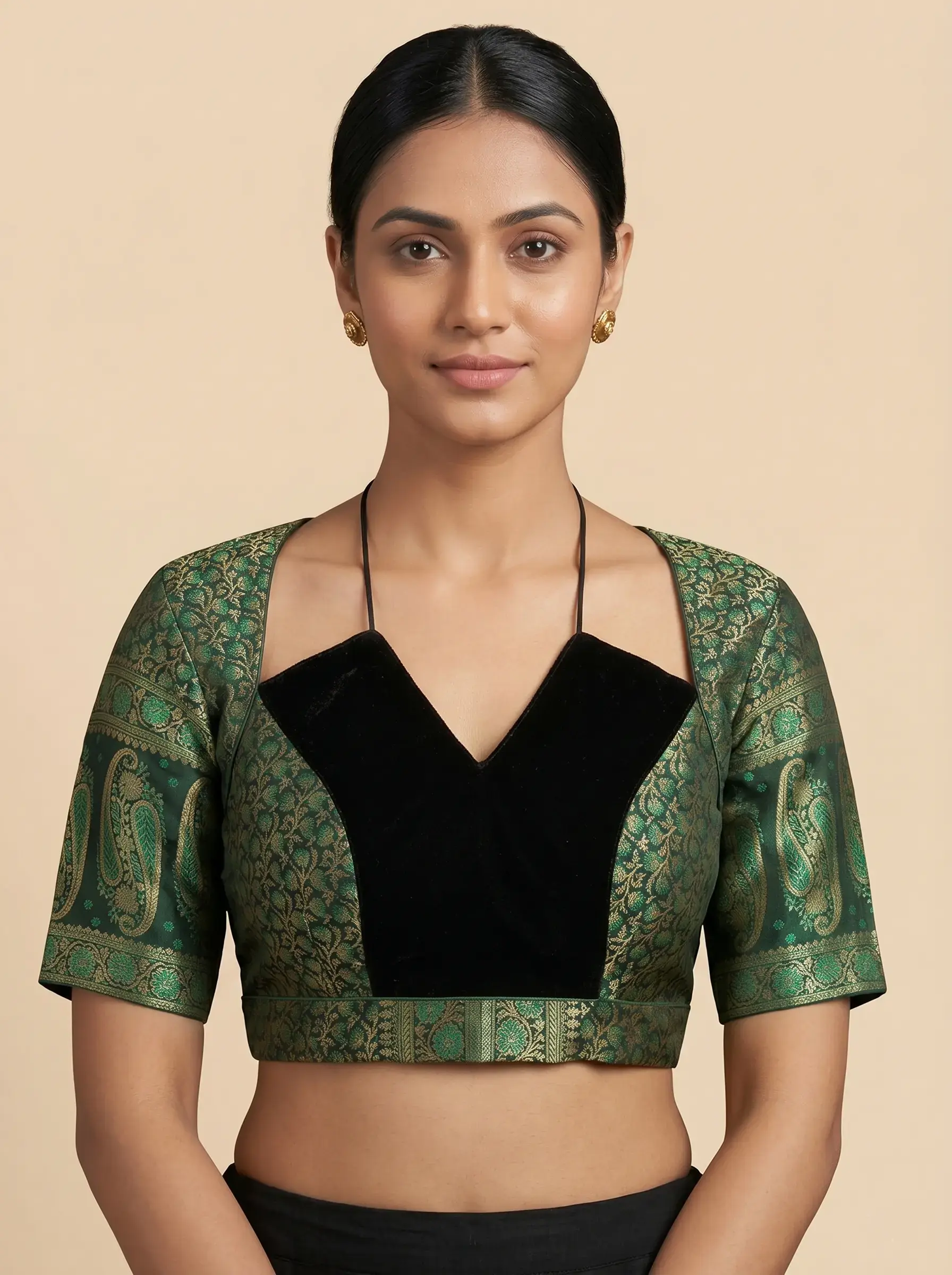 Green Brocade Designer Blouse with Velvet Panel & Tie-Back Detail