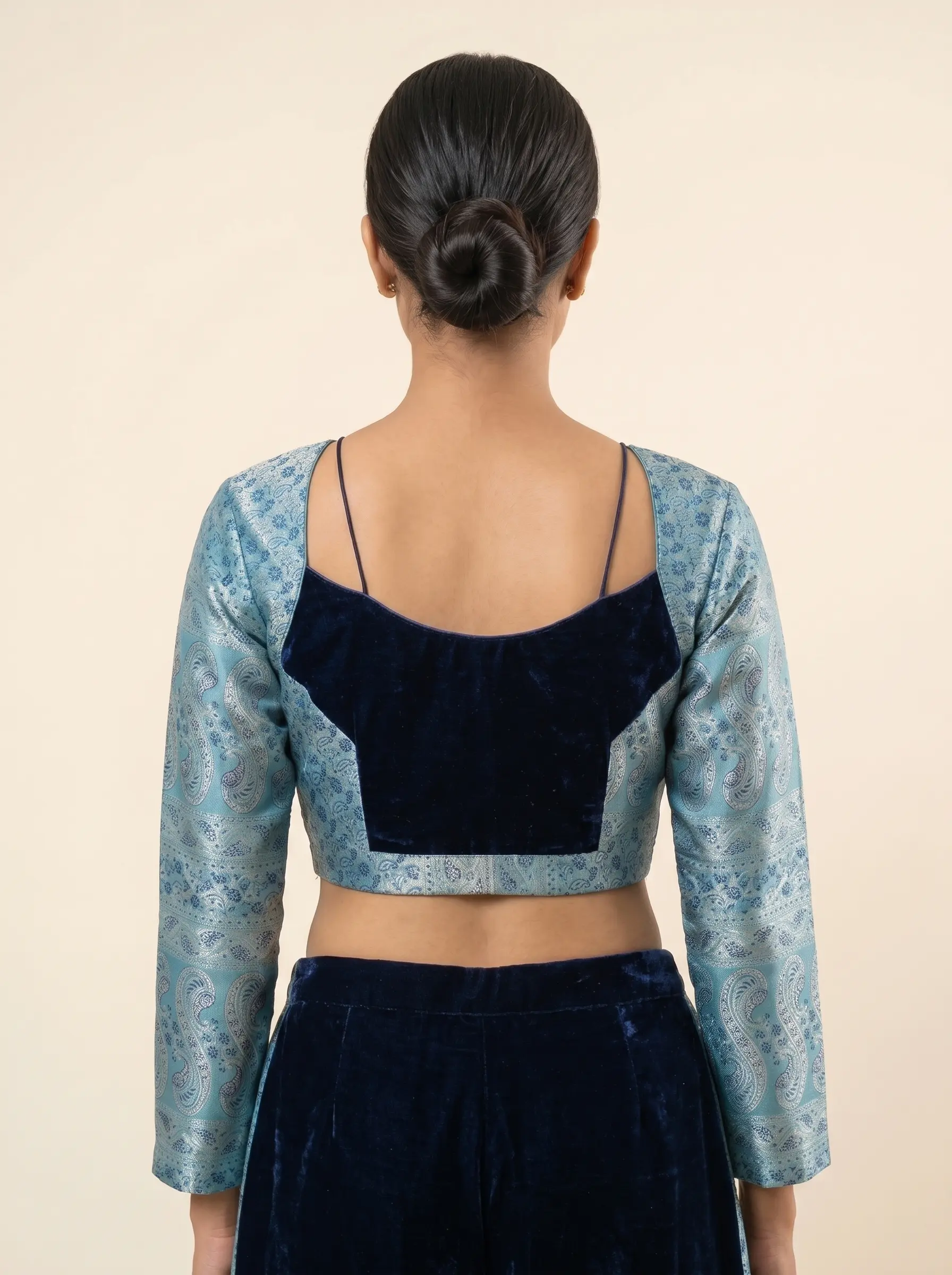 Blue Brocade Velvet Designer Blouse with Full Sleeves & Contemporary Cutwork Back - Image 2