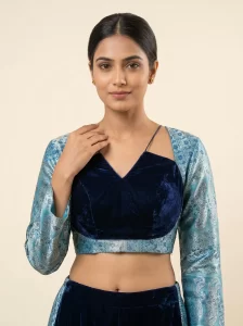 Blue Brocade Velvet Designer Blouse with Full Sleeves & Contemporary Cutwork Back