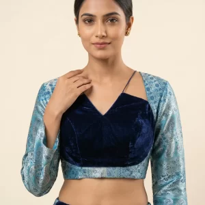 Blue Brocade Velvet Designer Blouse with Full Sleeves & Contemporary Cutwork Back