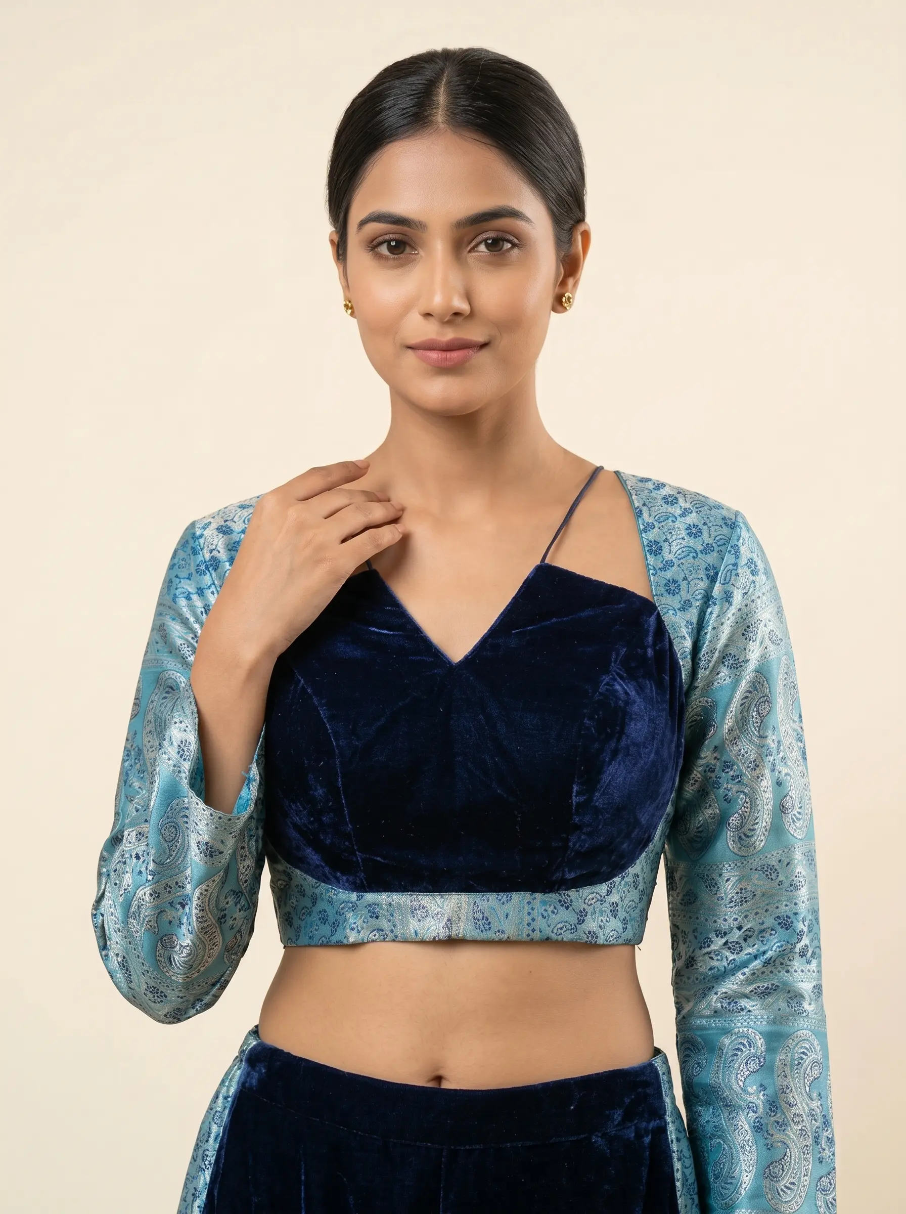 Blue Brocade Velvet Designer Blouse with Full Sleeves & Contemporary Cutwork Back
