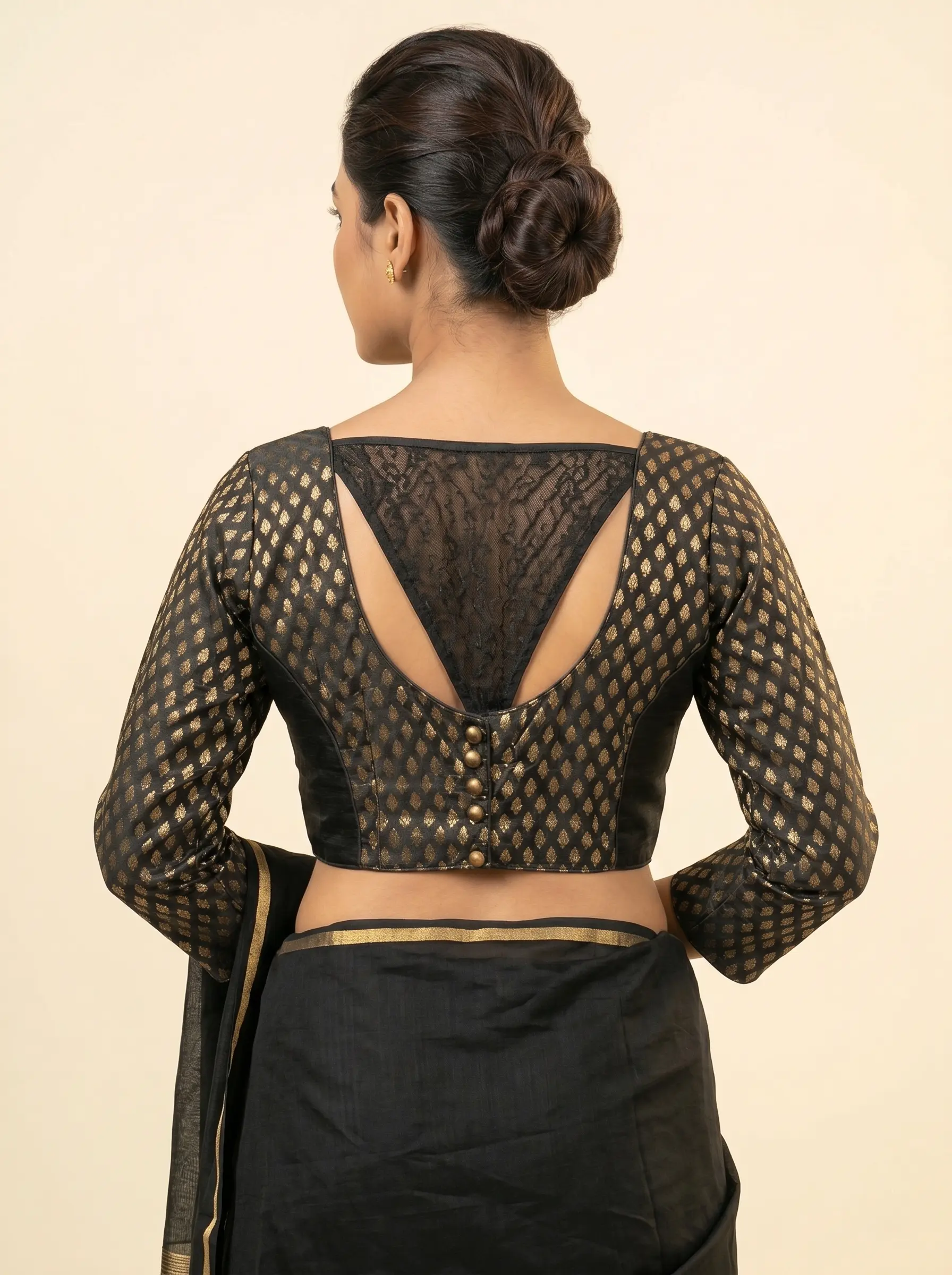 Black & Gold Designer Blouse with Lace Back Detail and Full Sleeves - Image 2