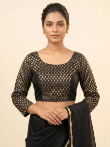 Black & Gold Designer Blouse with Lace Back Detail and Full Sleeves