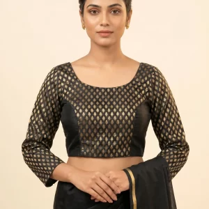 Black & Gold Designer Blouse with Lace Back Detail and Full Sleeves
