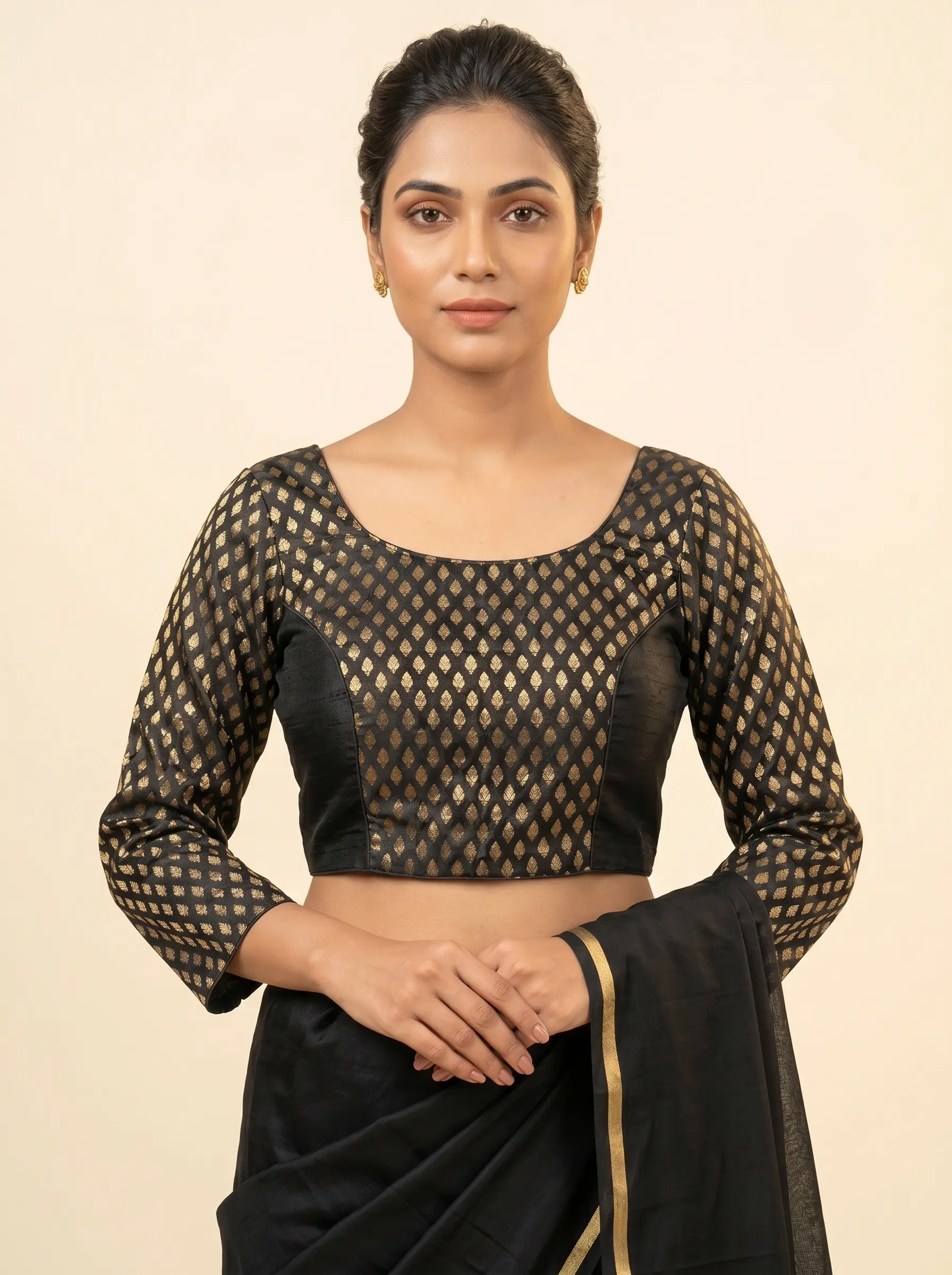 Black & Gold Designer Blouse with Lace Back Detail and Full Sleeves