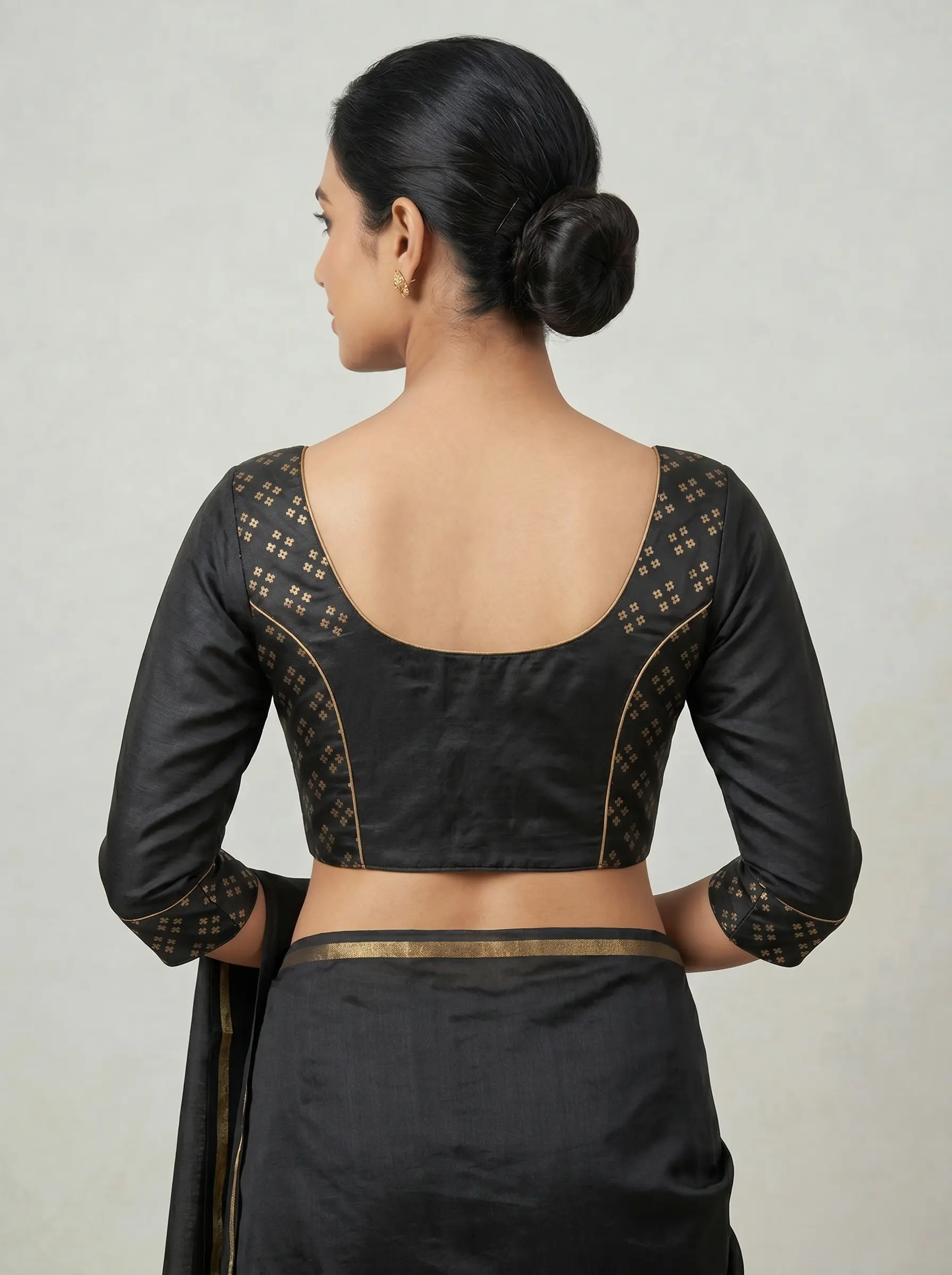 Elegant Black Silk Blouse with Gold Motif Detailing - Image 2