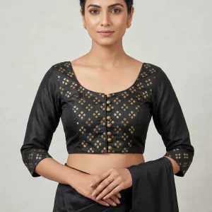 Elegant Black Silk Blouse with Gold Motif Detailing