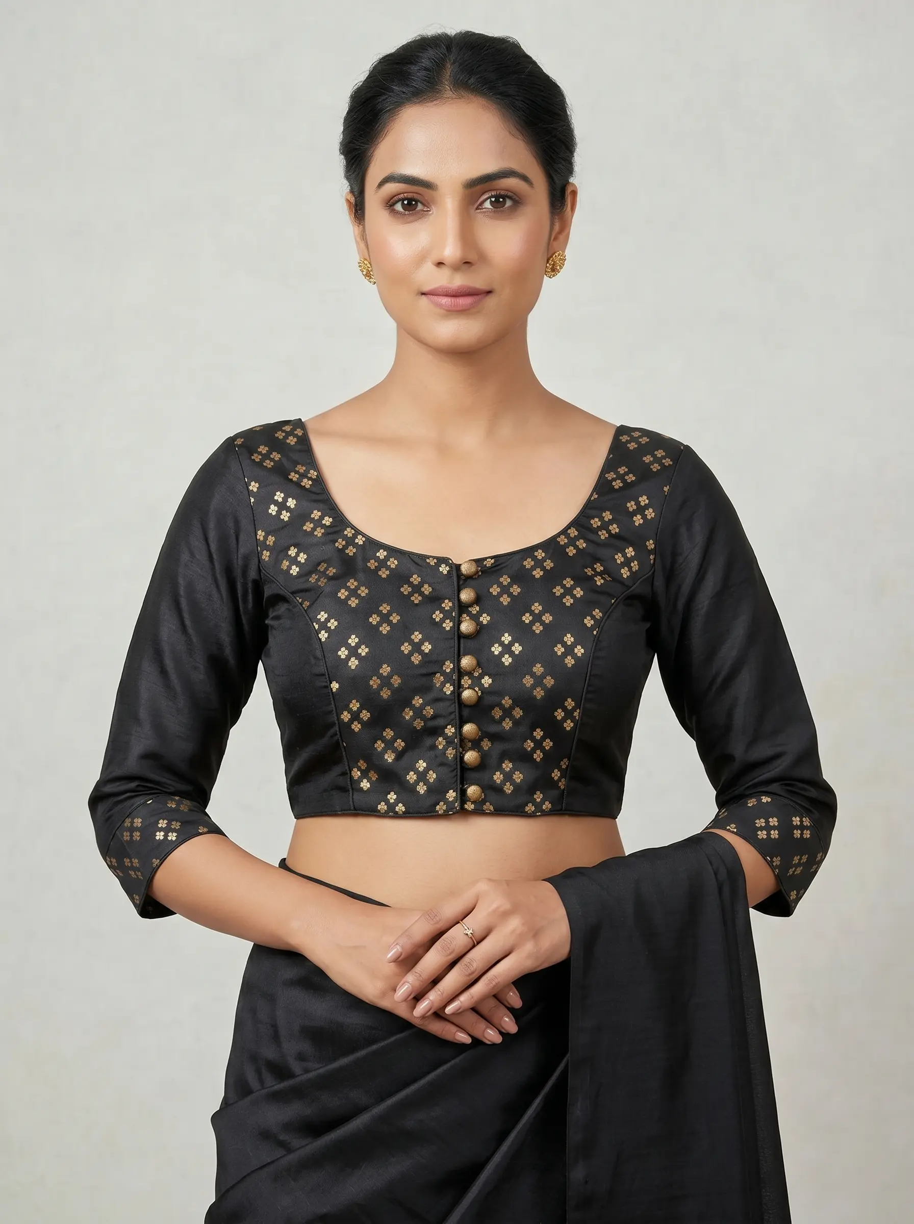 Elegant Black Silk Blouse with Gold Motif Detailing