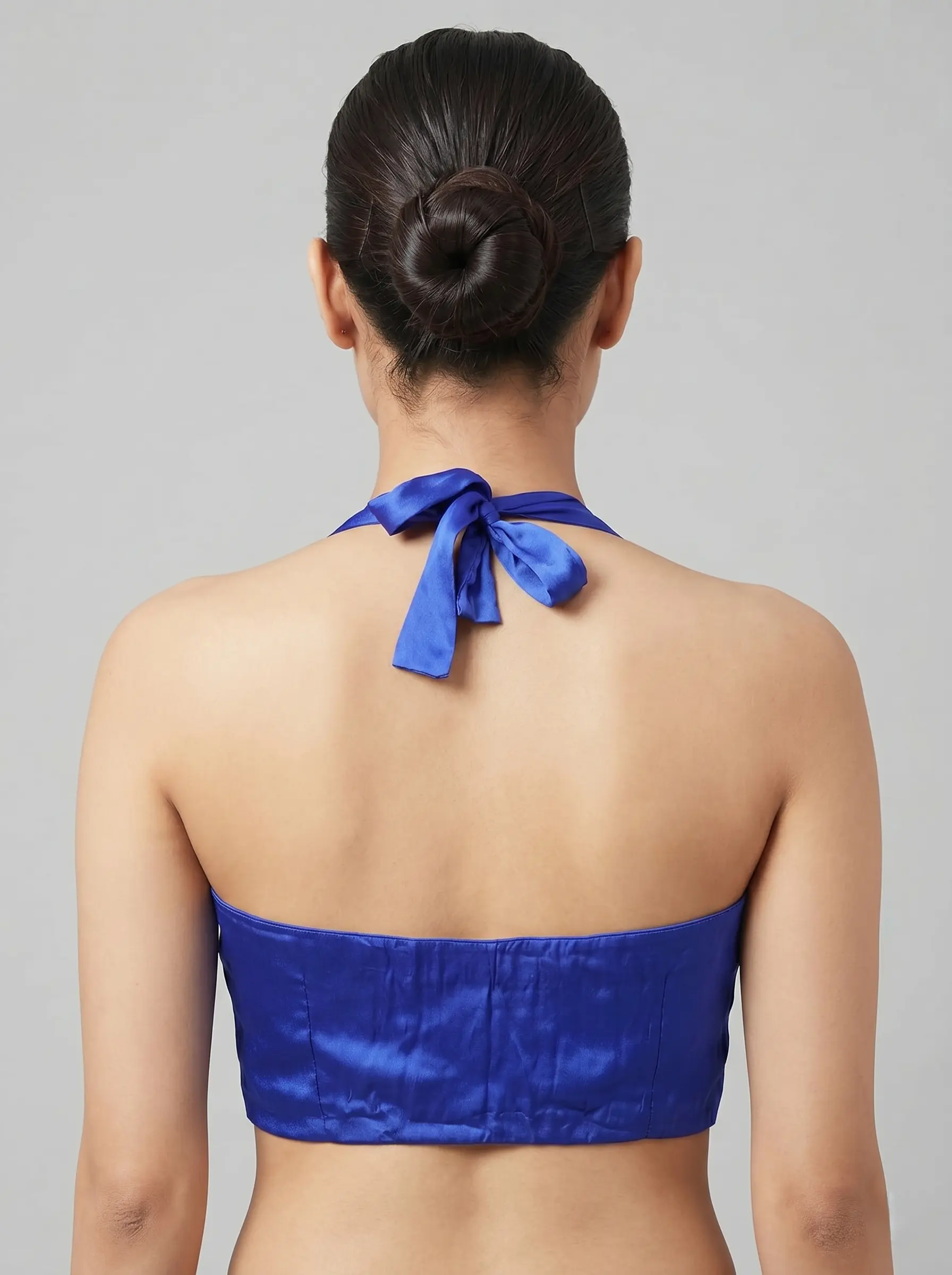 Royal Blue Halter Neck Satin Blouse for Party & Cocktail Sarees - Image 2