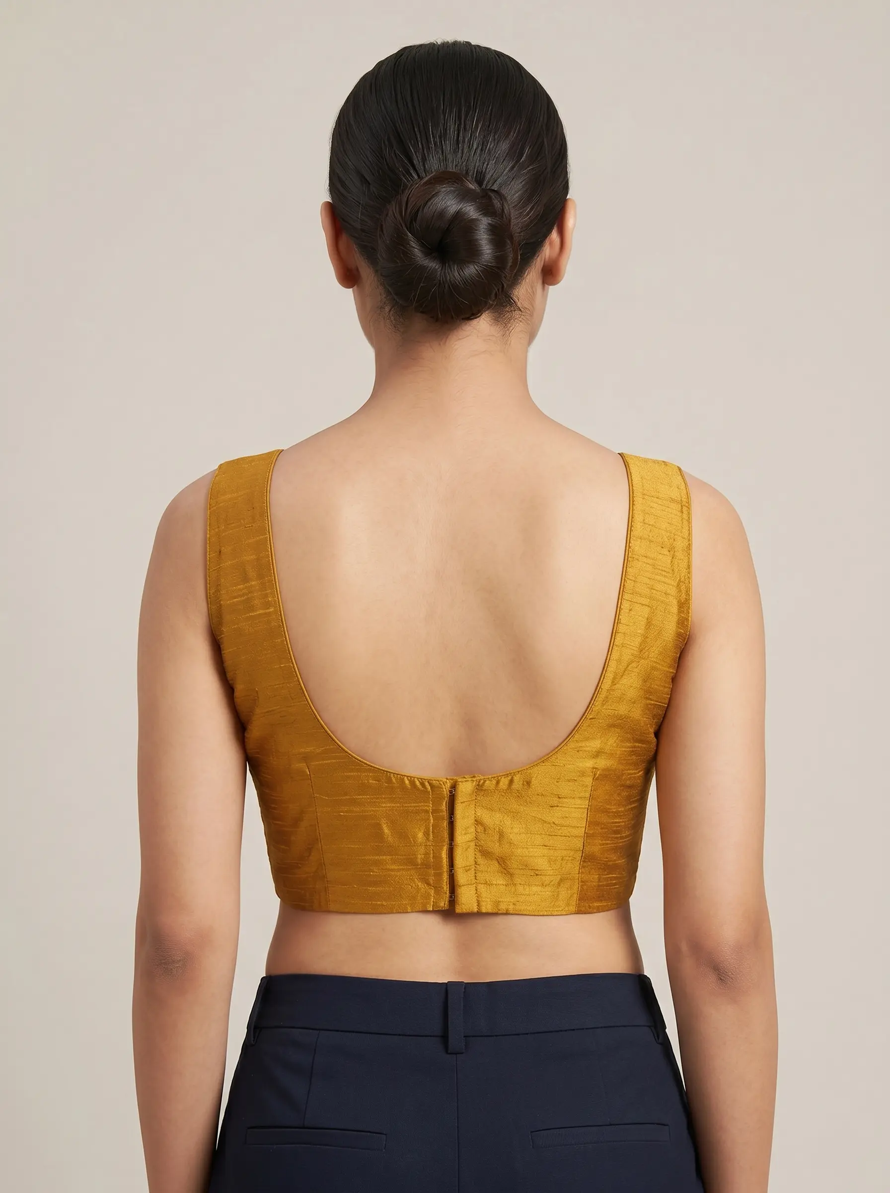 Mustard Gold Sleeveless Silk Blouse for Saree & Ethnic Wear - Image 2