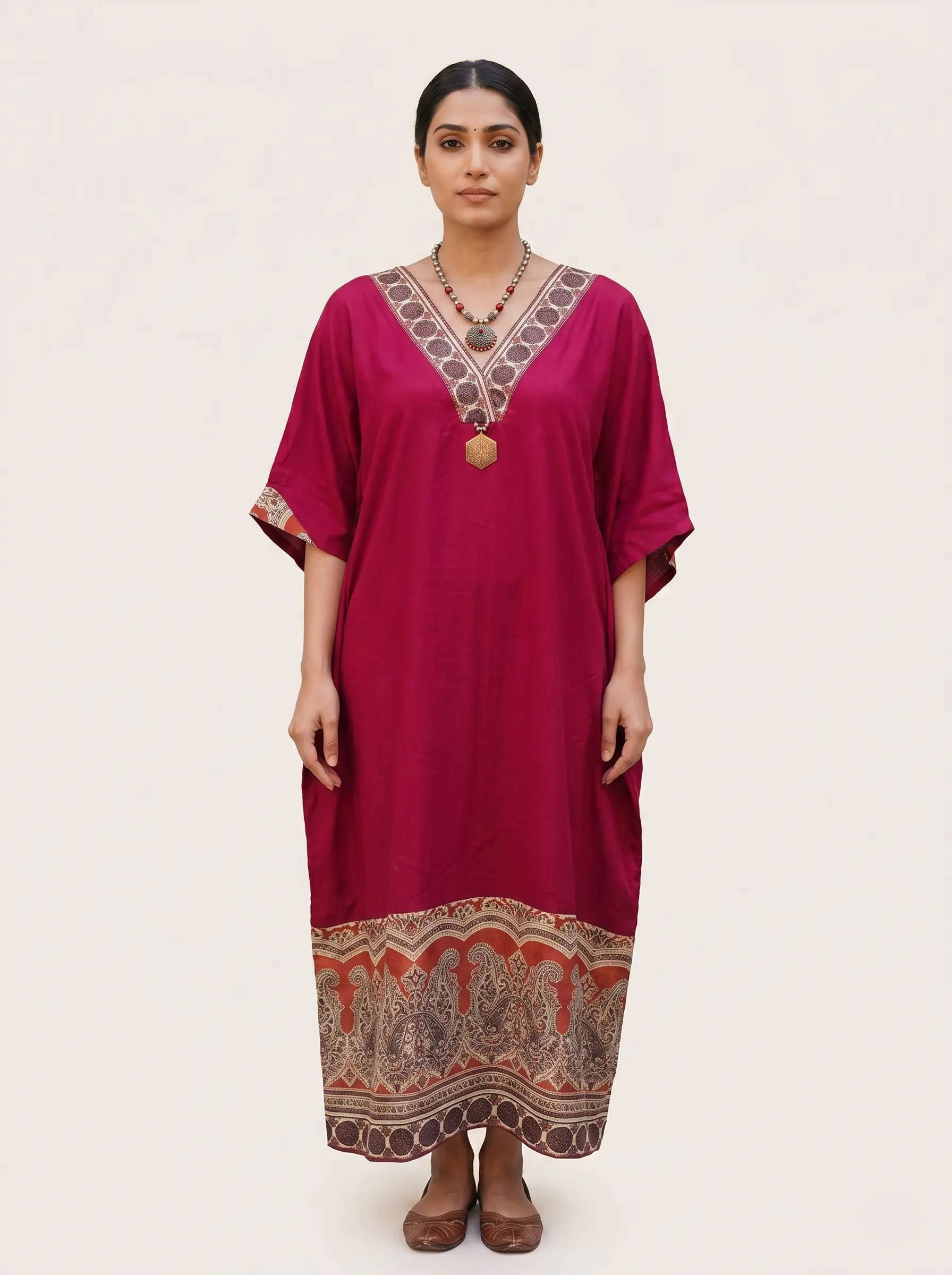 Magenta Printed Kaftan Dress for Women