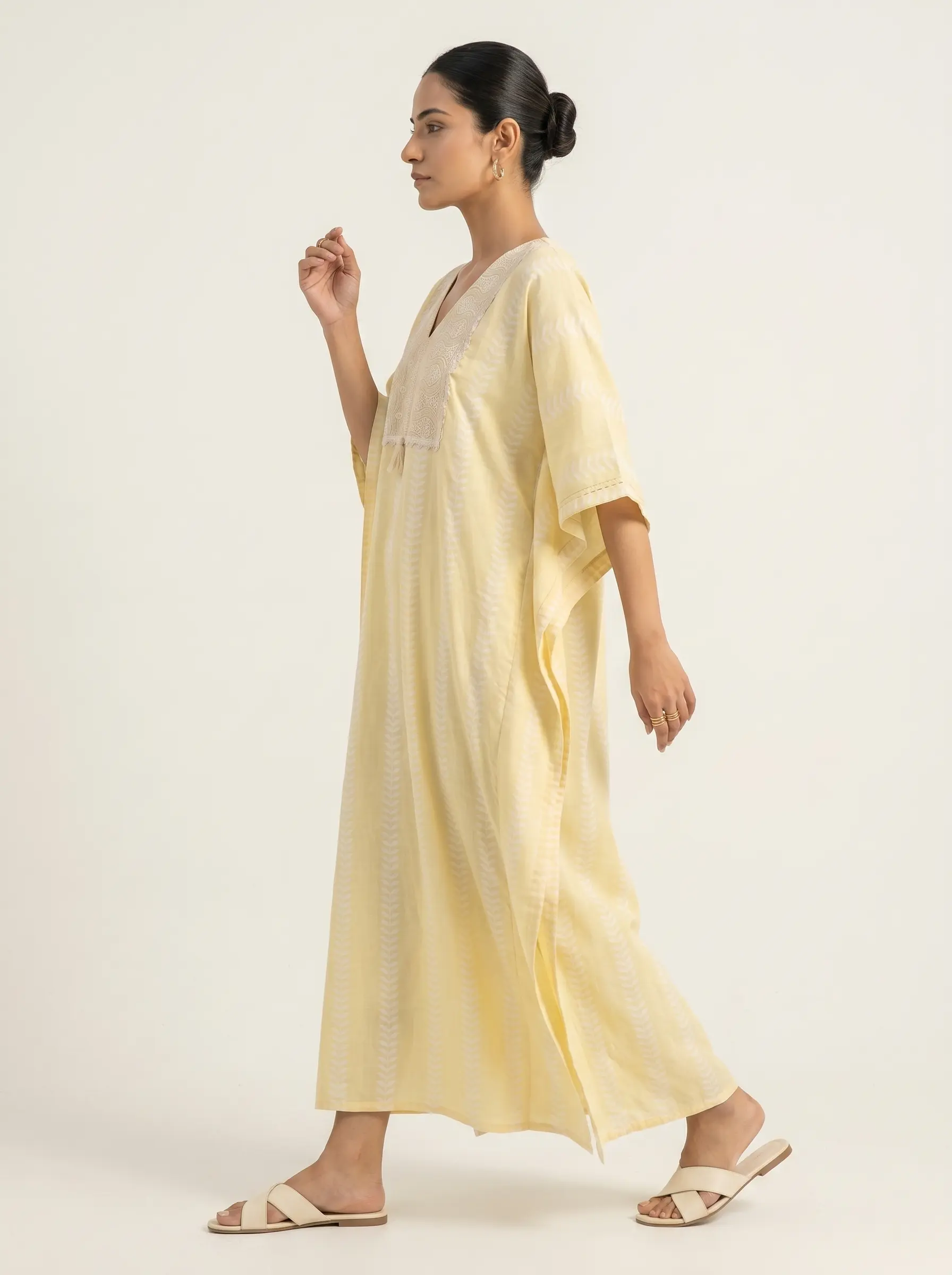Elegant Pastel Yellow Embroidered Kaftan Dress for Women - Image 2