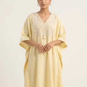 Elegant Pastel Yellow Embroidered Kaftan Dress for Women