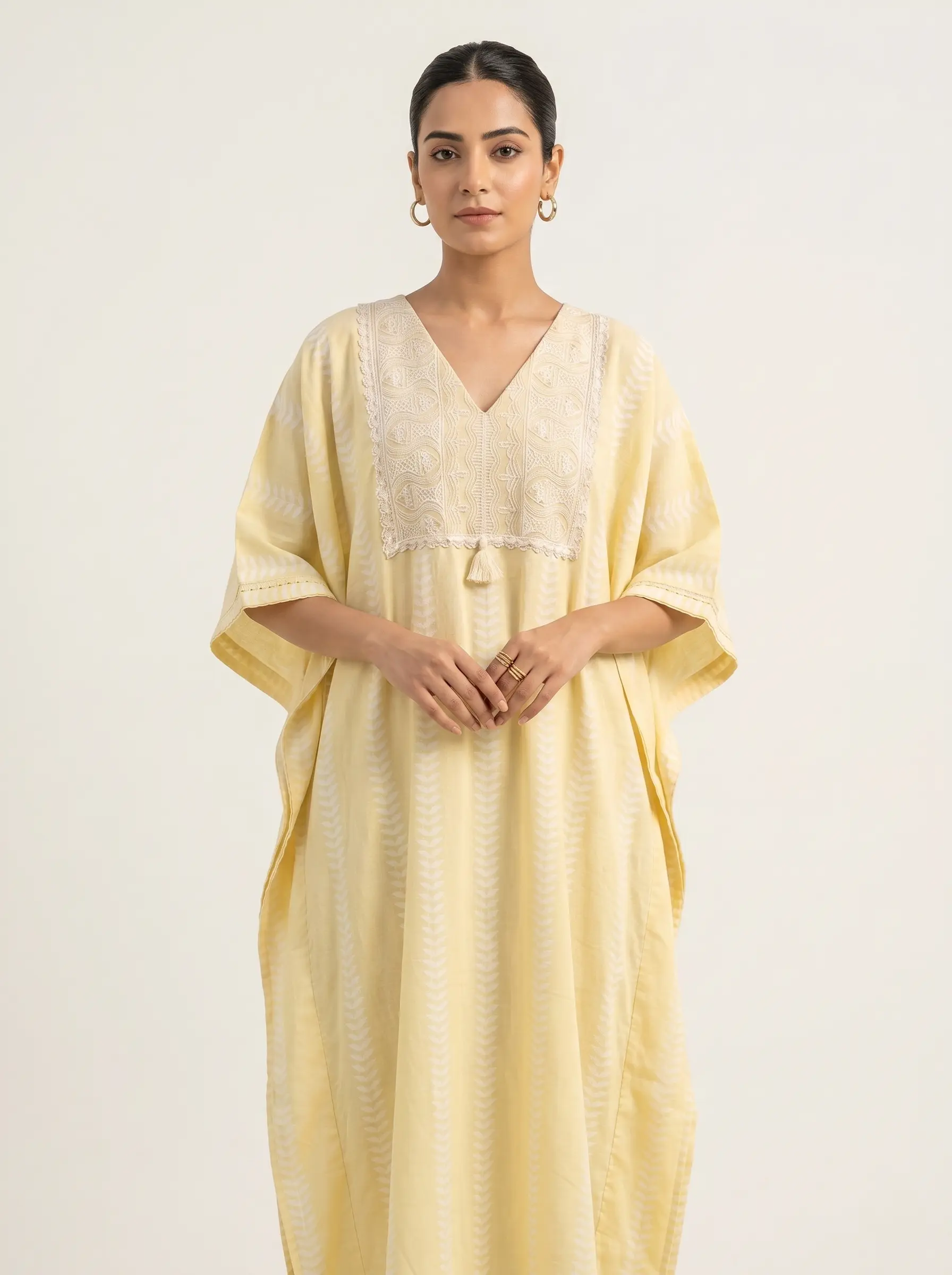Elegant Pastel Yellow Embroidered Kaftan Dress for Women