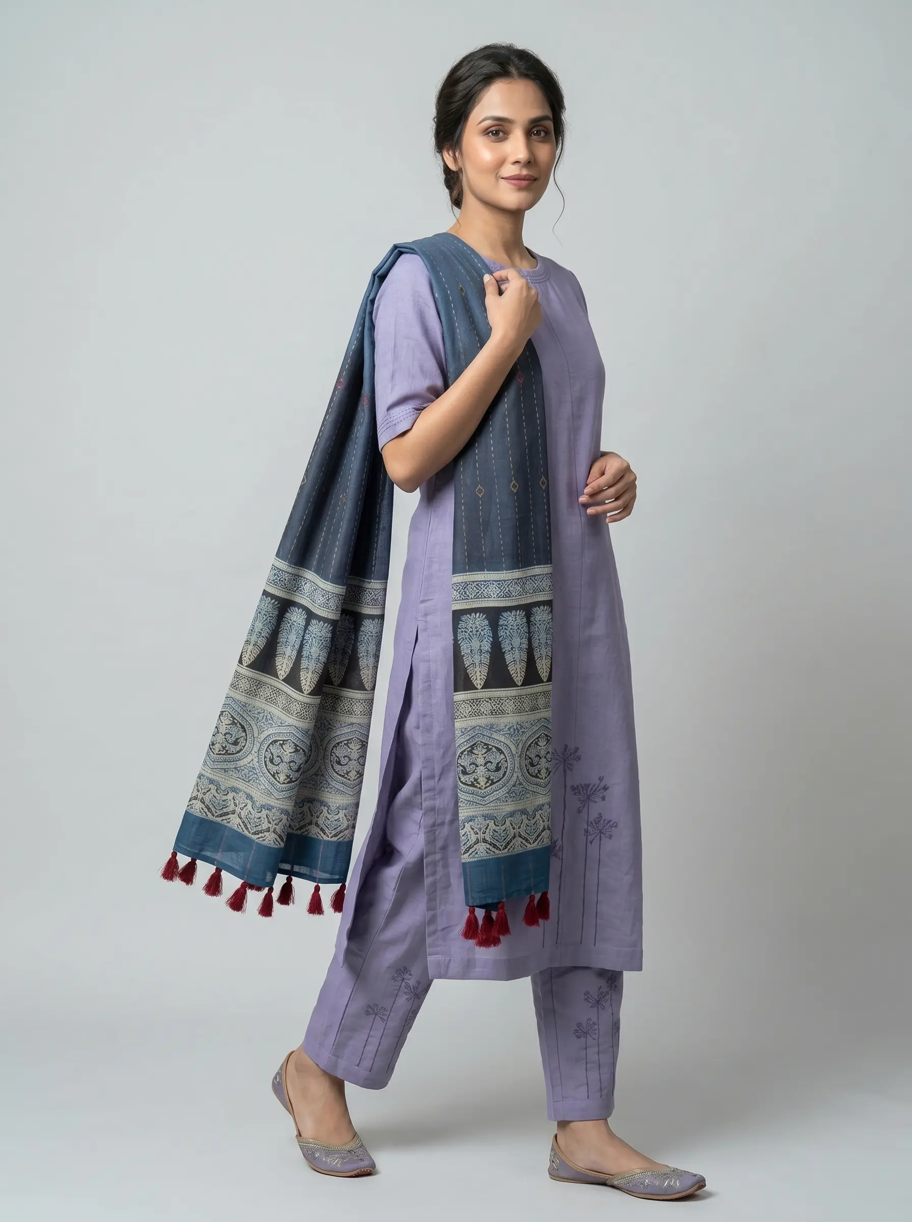 Lavender Cotton Silk Embroidered Co-ord Set with Designer Dupatta - Image 2