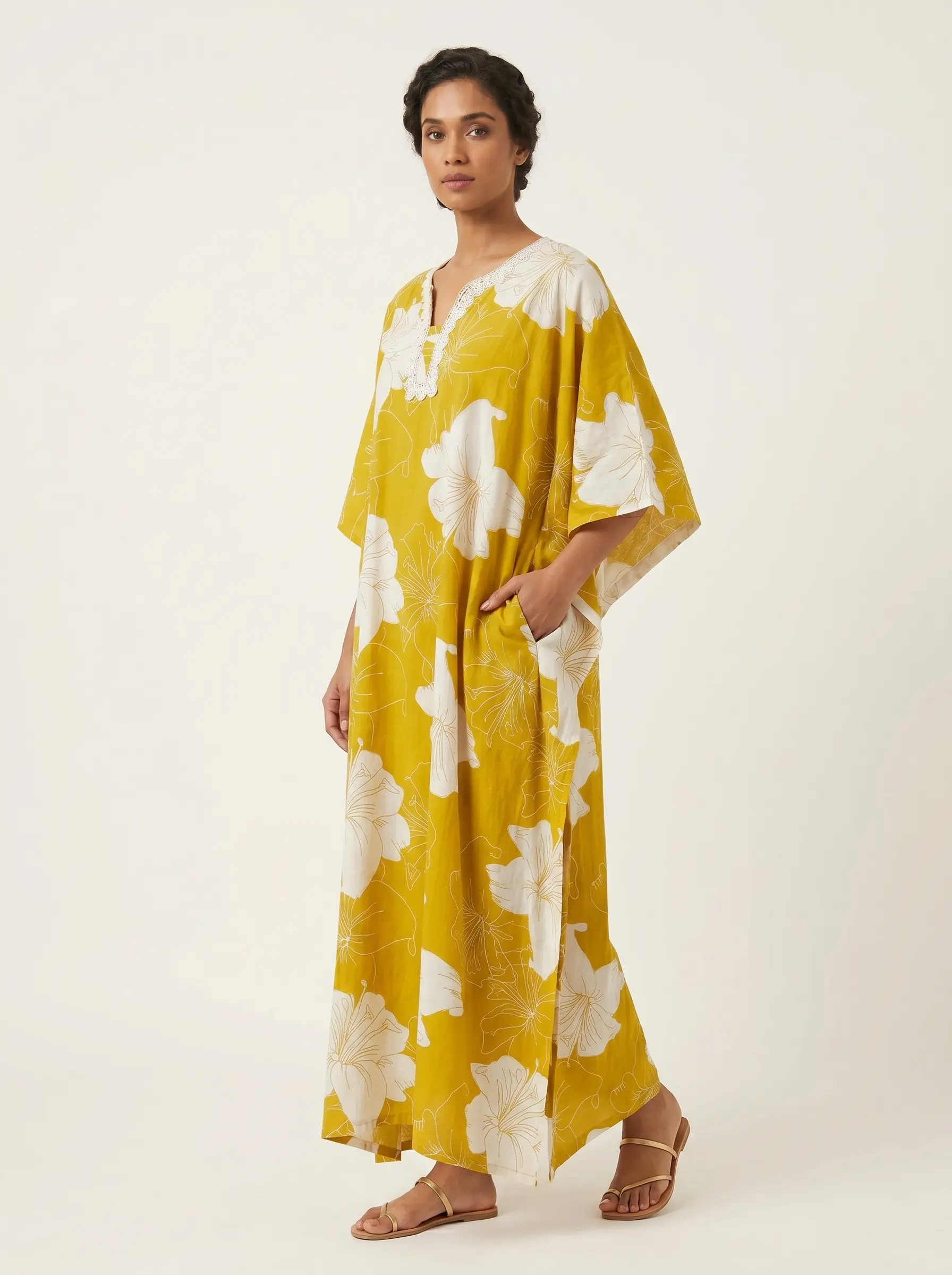 Mustard Yellow Floral Print Kaftan Dress for Women - Image 2