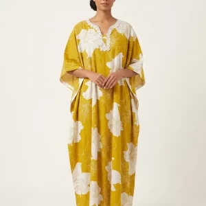 Mustard Yellow Floral Print Kaftan Dress for Women