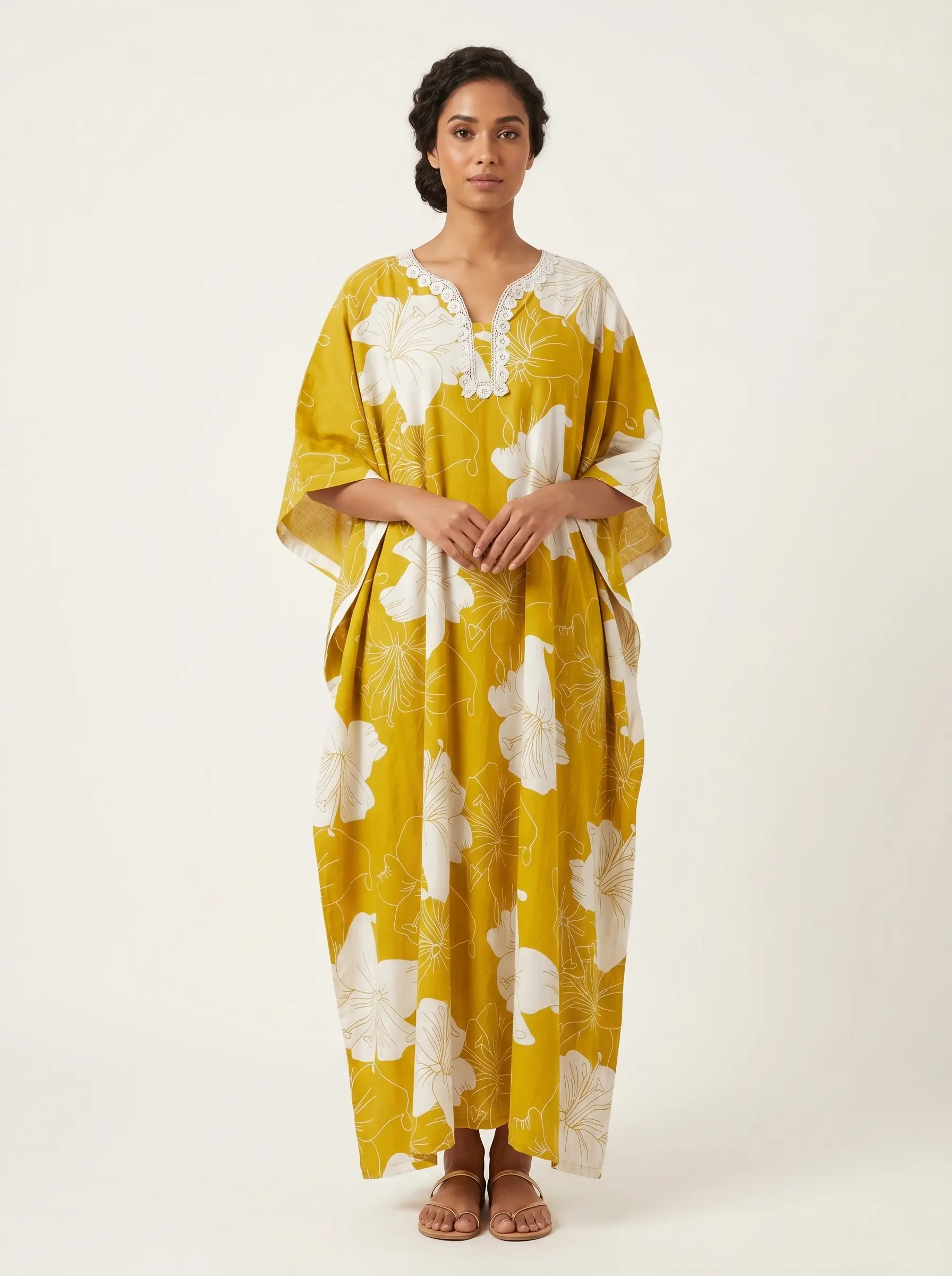Mustard Yellow Floral Print Kaftan Dress for Women