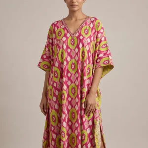 Vibrant Pink Ikat Print Kaftan Dress for Women