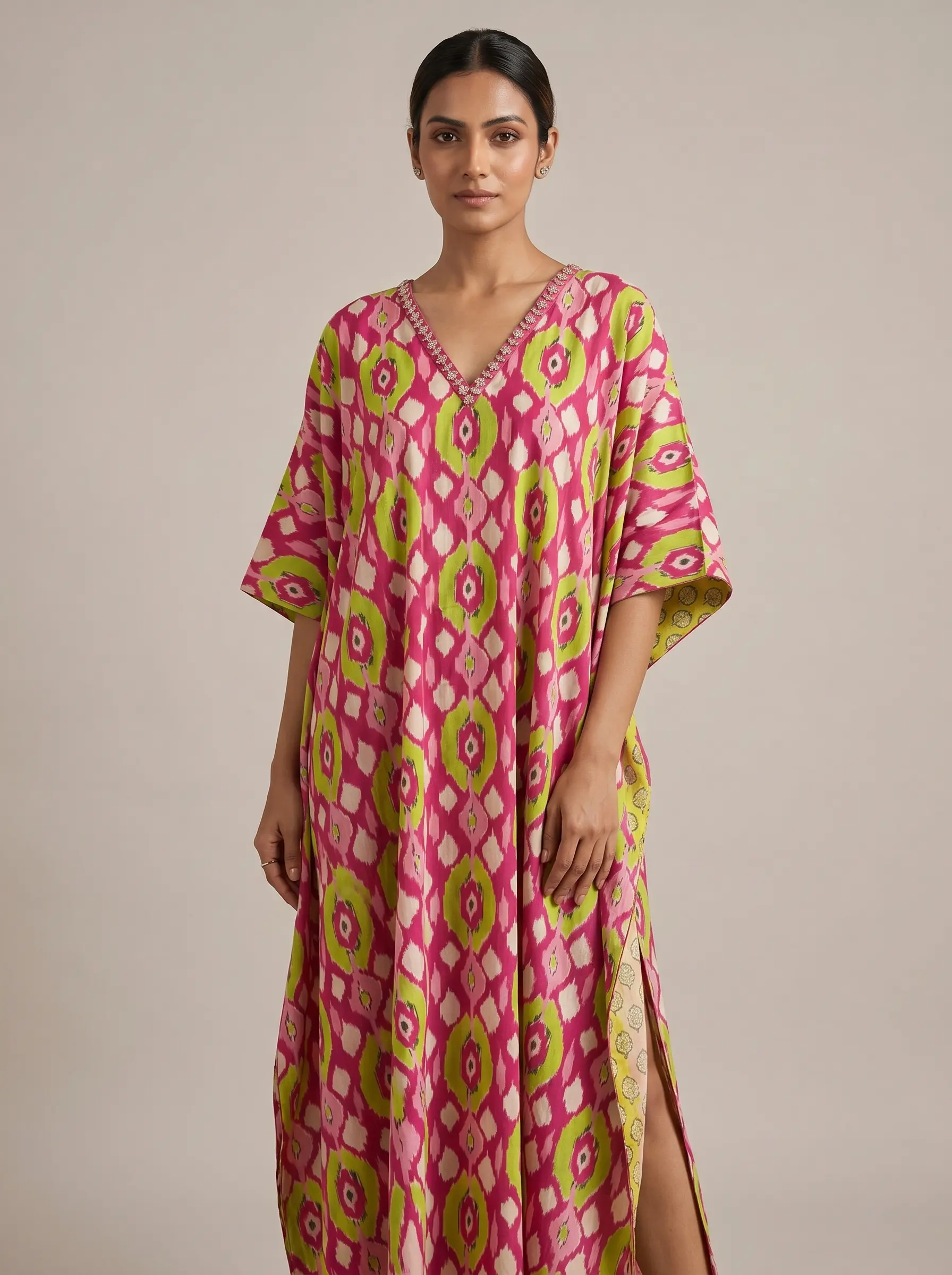 Vibrant Pink Ikat Print Kaftan Dress for Women