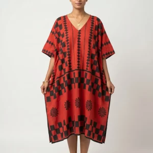 Red & Black Geometric Print Kaftan Dress for Women
