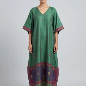 Emerald Green Traditional Border Kaftan Dress for Women