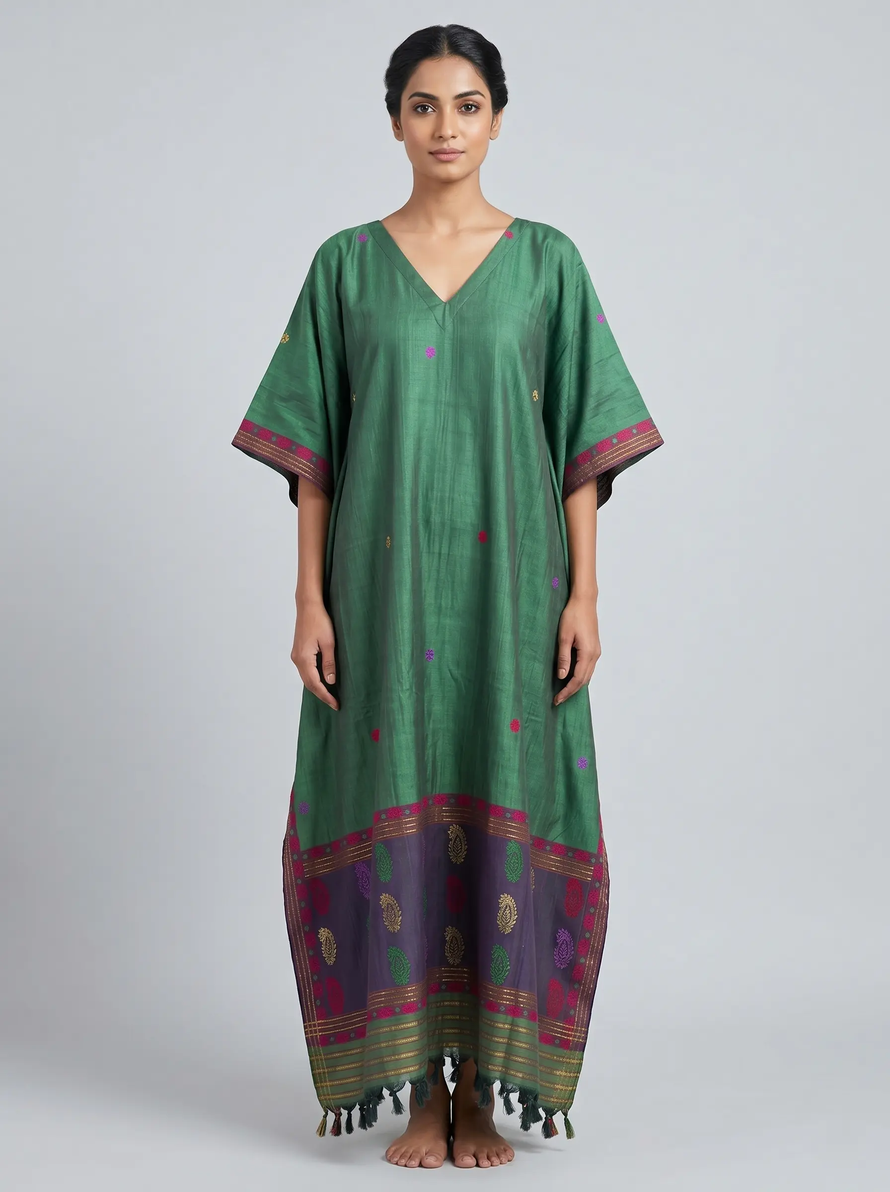 Emerald Green Traditional Border Kaftan Dress for Women