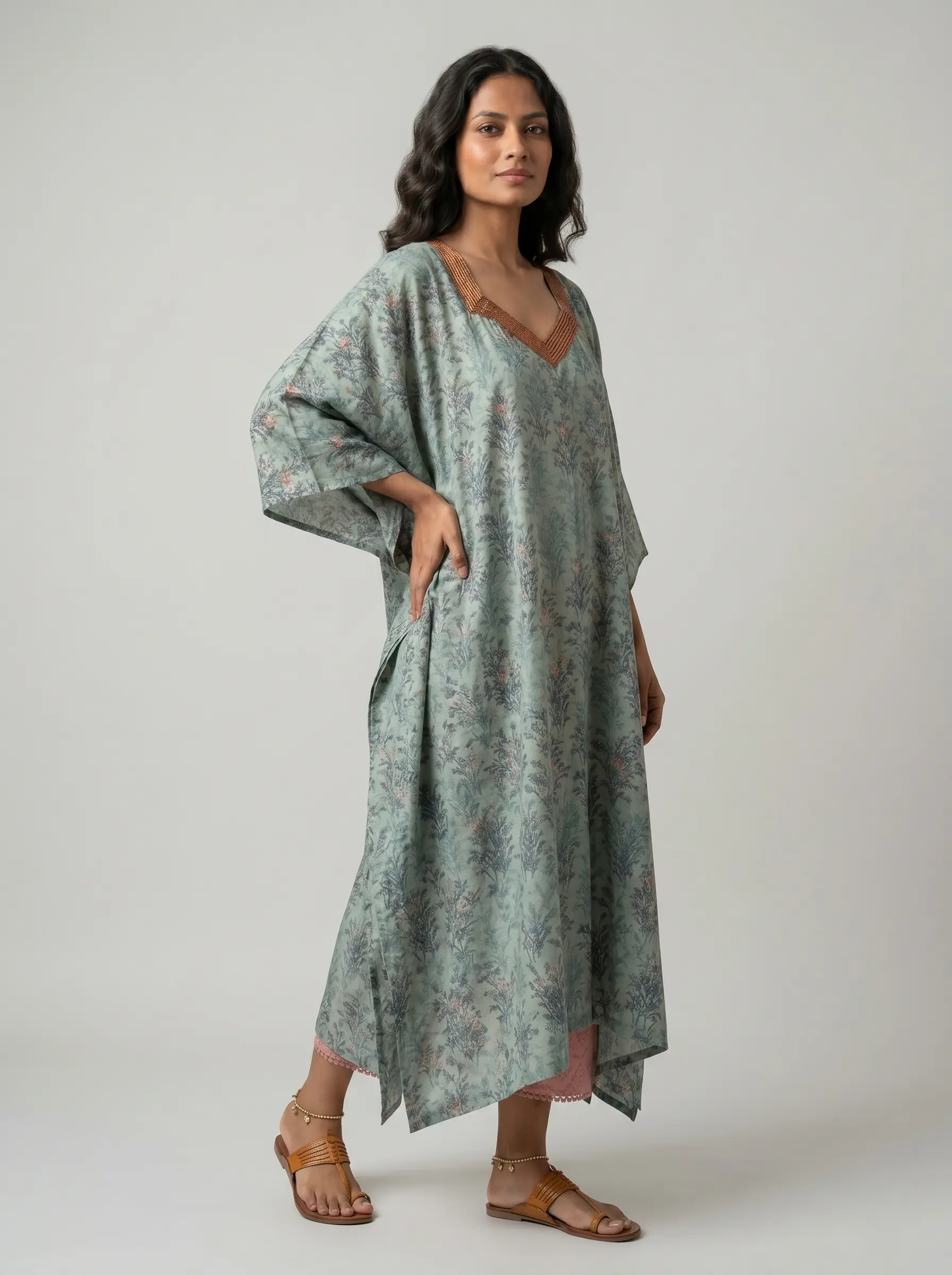 Pure Tussar Silk Kaftan with Neck Detailing - Image 2
