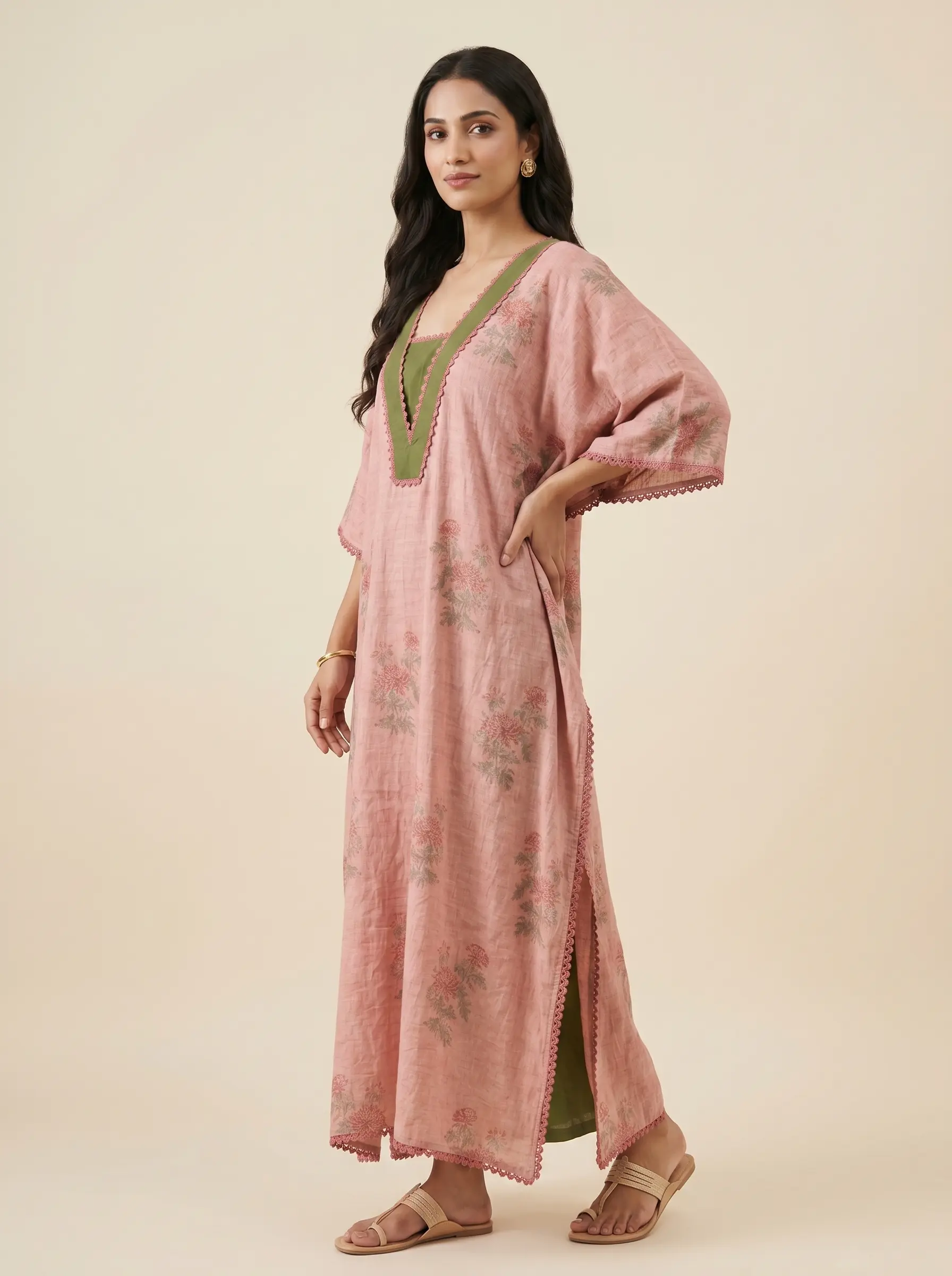Pure Tussar Silk Kaftan with Neck Detailing - Image 2